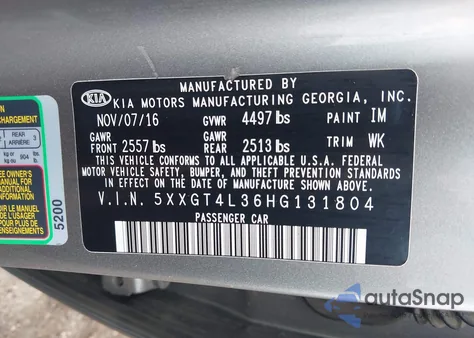 2017 Kia Optima Lx from USA, damaged, VIN 5XXGT4L36HG131804